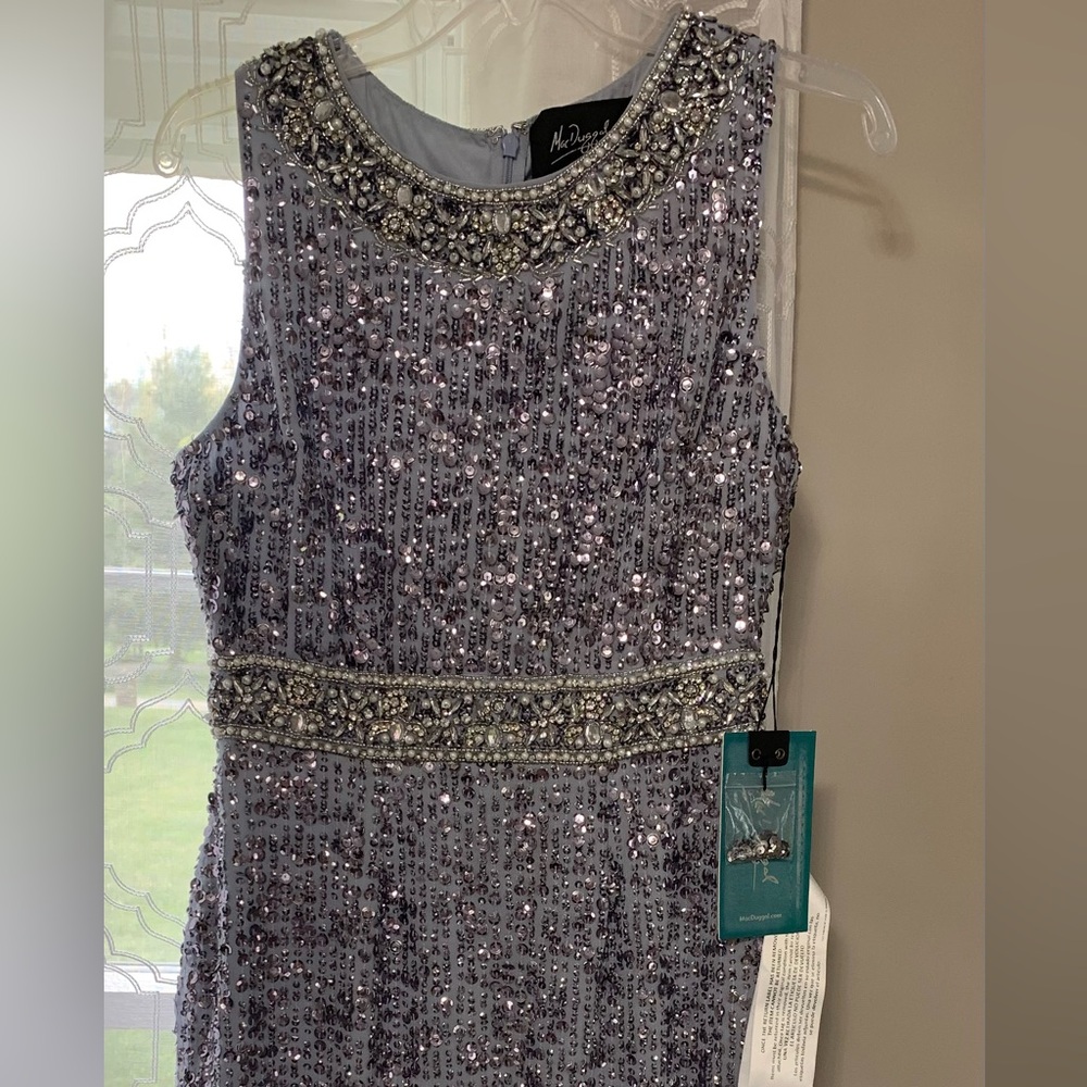 Mac Duggal Embellished sleeveless high Neck MIDI dress.Steel Blue